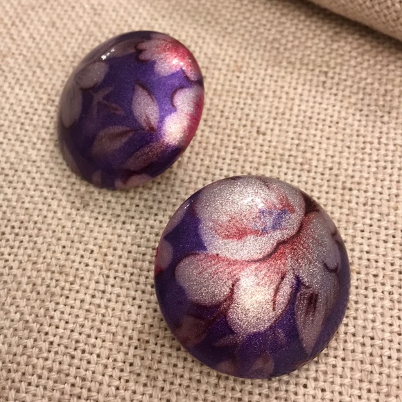 Vintage Purple Glitter Floral Button Earrings - Picture 6 of 8